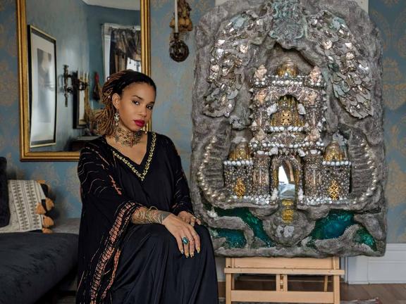 Waters of the Abyss: An Intersection of Spirit and Freedom, "Celestial Portal", grotto tablet, 43" x 32 x 7", 2024. Paper, shells, freshwater pearls, resin, glass, brass, crystal quartz.