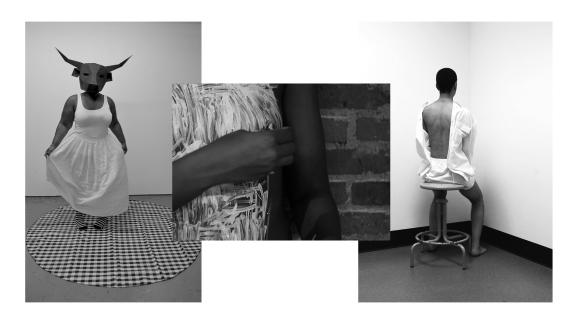 Three black-and-white images: one of a person wearing a white dress and bull mask; one of a persons left hand, right arm, and upper torso; and one of a person sitting with their face in the corner of a wall.