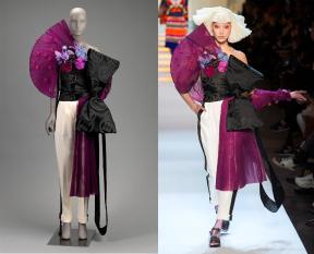 A composite image of a purple, black, and white gown on the left and a model with short blond hair modeling the same gown on a runway on the right. 
