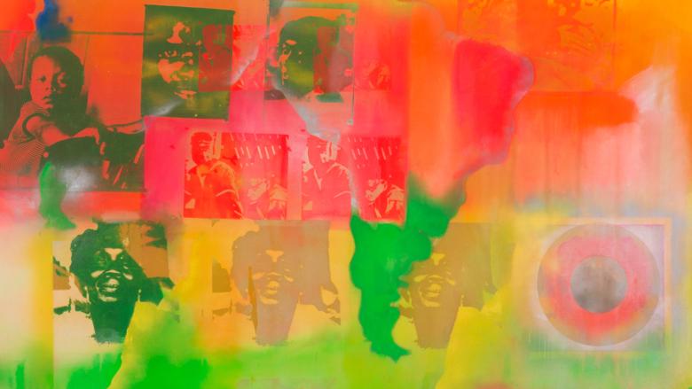 A red, orange, yellow, and green collage with images of women, children, men, and South America.