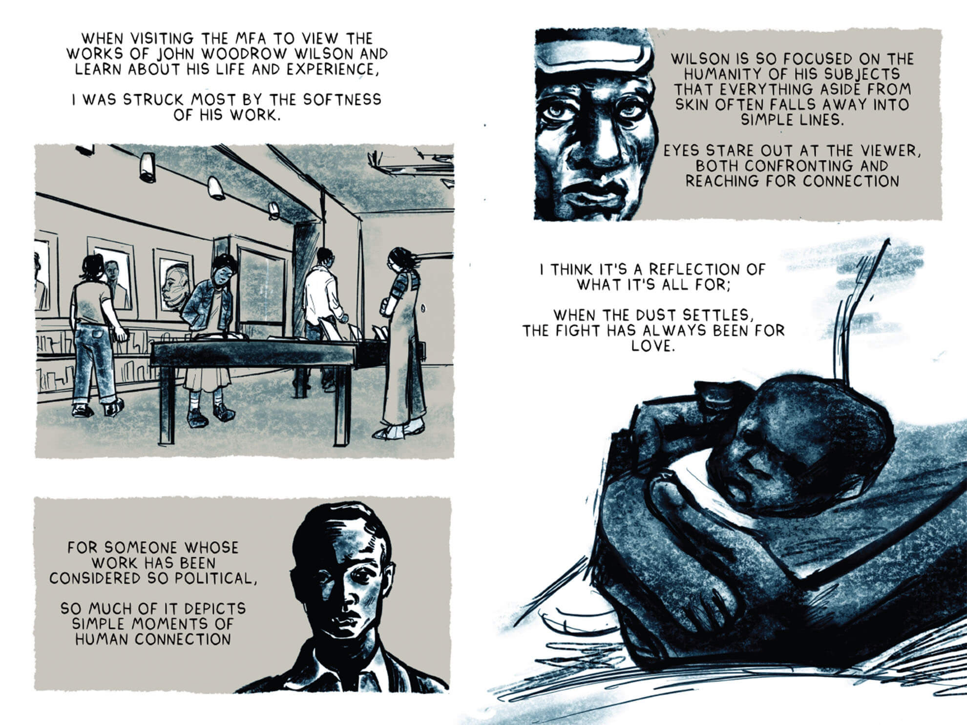 Spread from zine showing text alongside drawings of Museum visitors looking at paintings and gallery cases