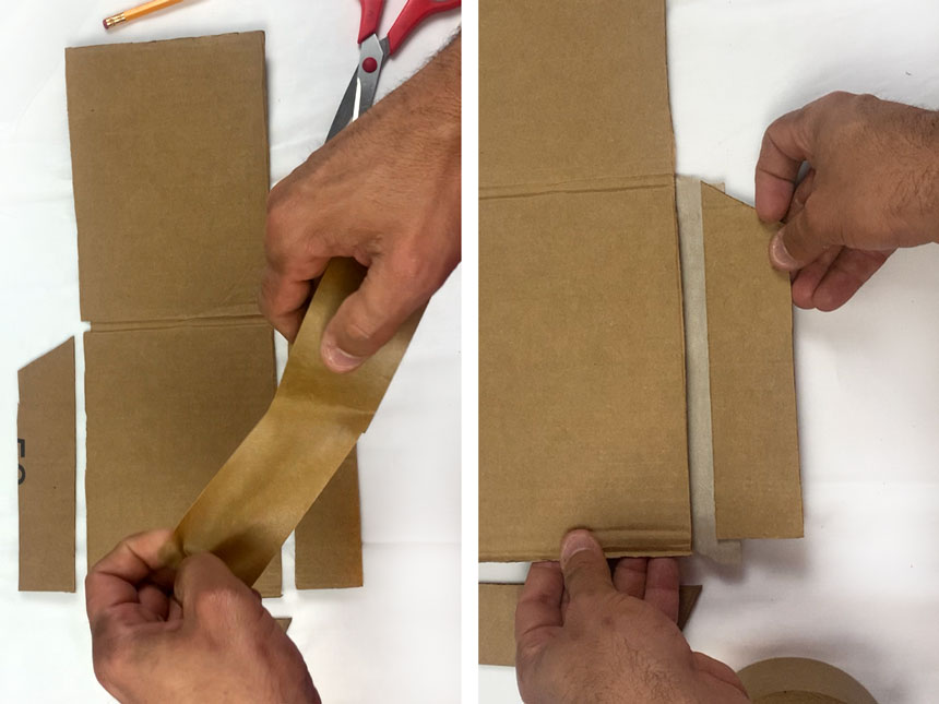 using tape to attach trapezoid-shaped cardboard pieces to larger piece