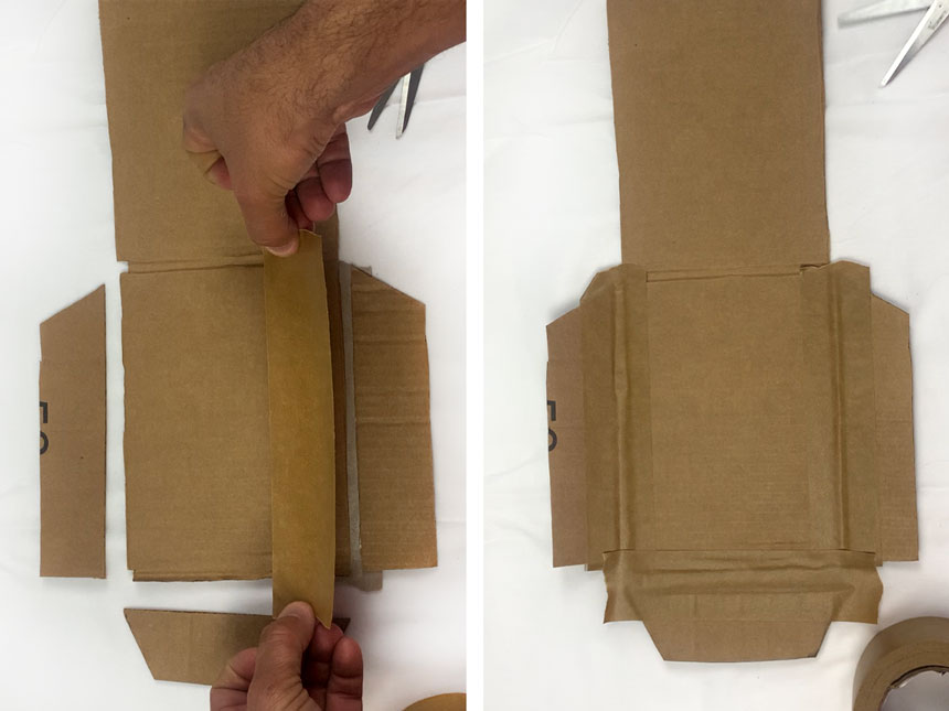 taping the trapezoid cardboard pieces on the inside joint
