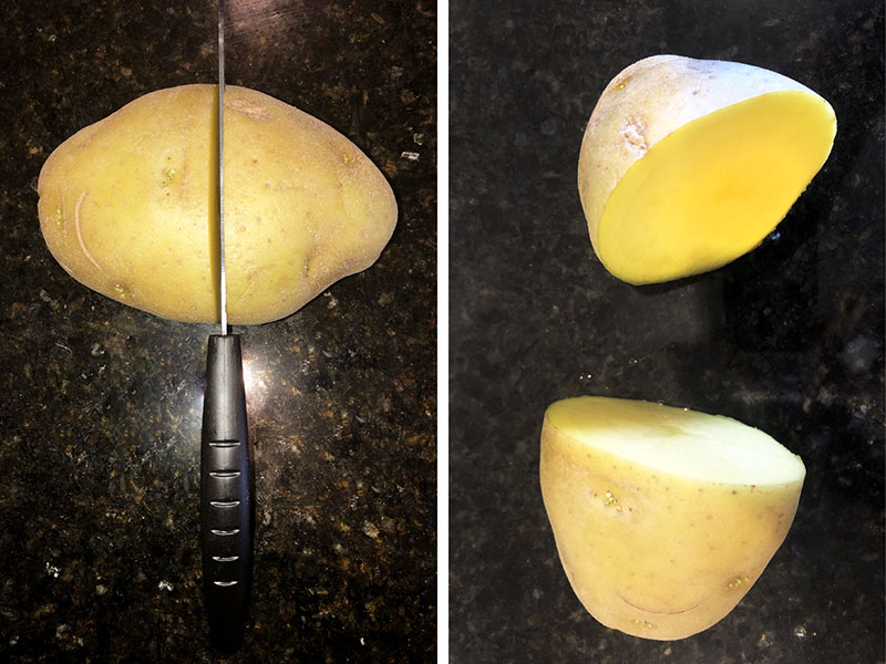 knife slicing potato in half