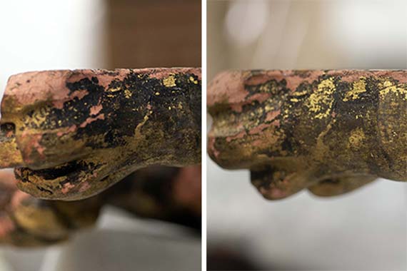 Details of the Lion Rampant’s foot before and after cleaning