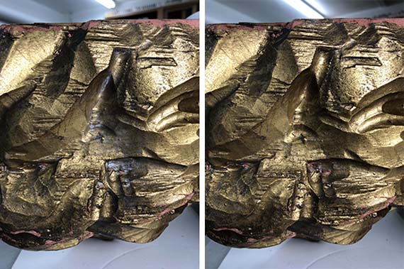Details of the Lion Rampant’s head before and after cleaning