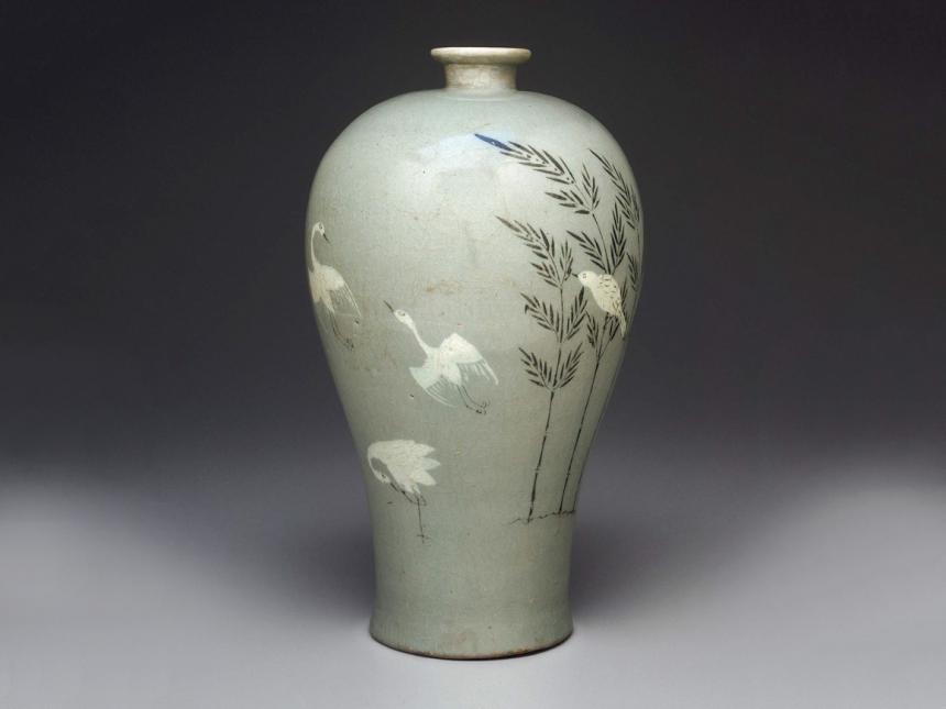 Korean vase depicting cranes and bamboo shoots
