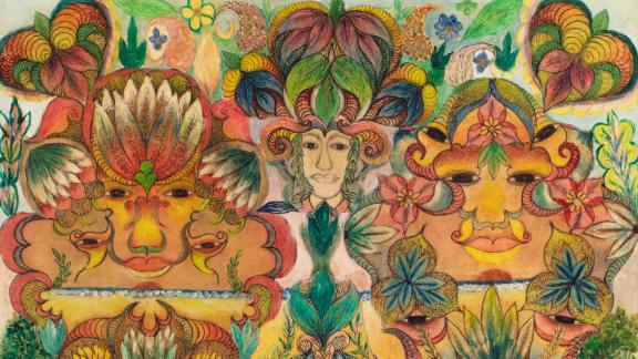 A surreal and colorful landscape with faces and flora.