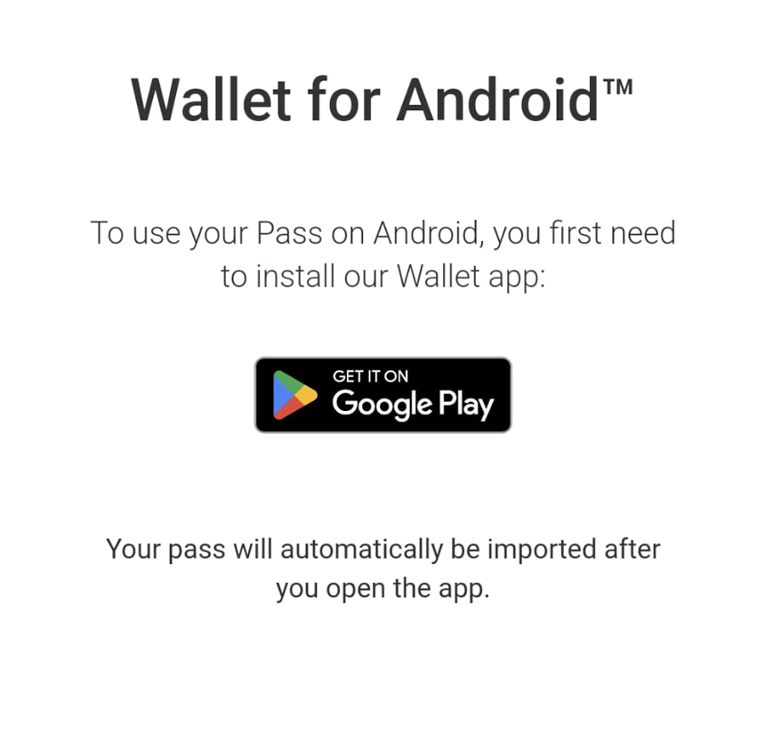 Screenshot of WalletPasses app webpage with large Download from Google Play button