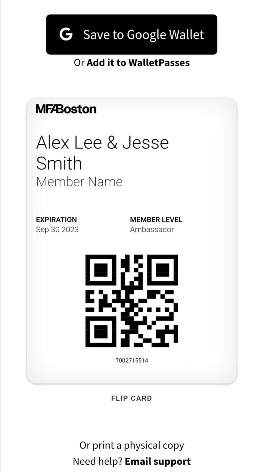 Screenshot of webpage with Save to Google Wallet button at top and MFA logo and member names at bottom