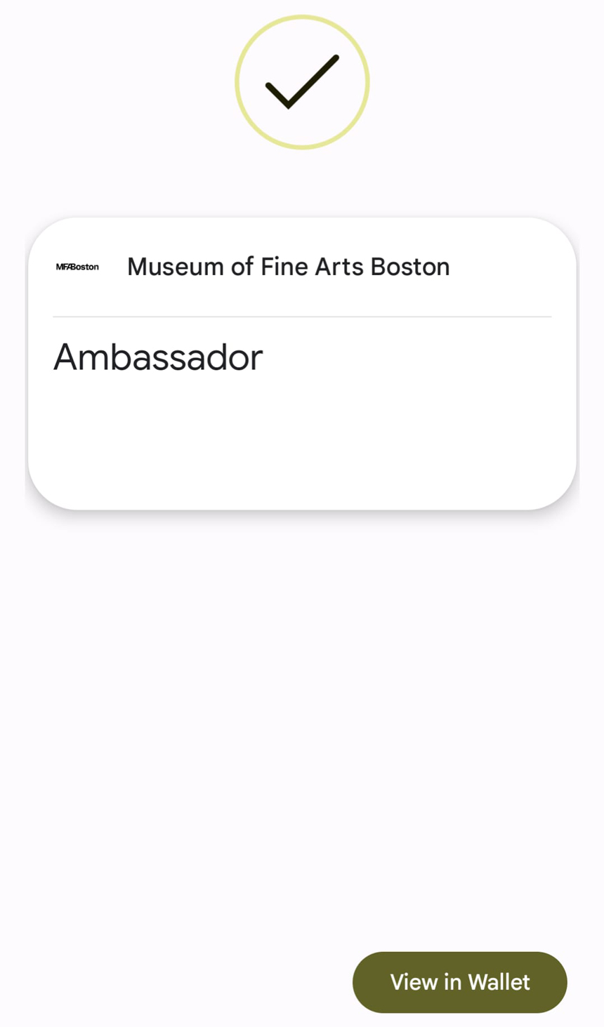 Large check mark above rendering of MFA digital member card