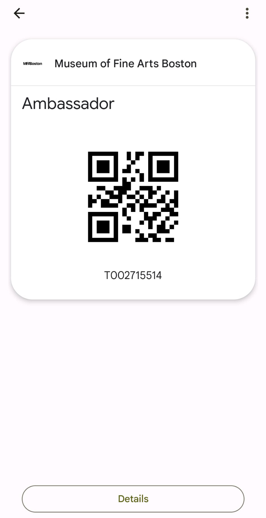 MFA digital member card with MFA logo at the top, followed by membership level and QR code