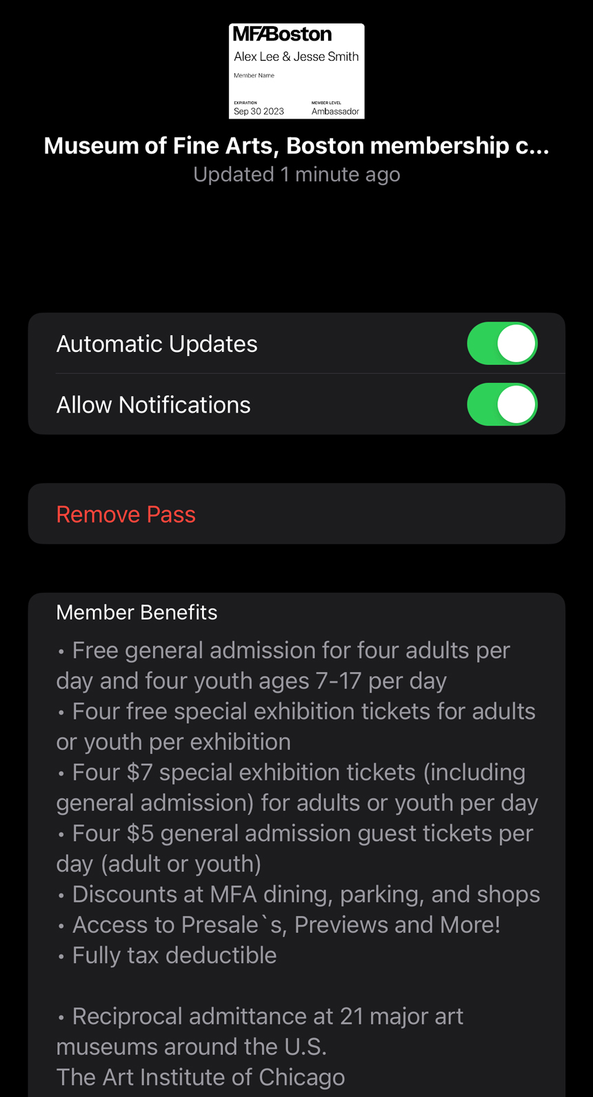 View of membership details screen showing list of all member benefits