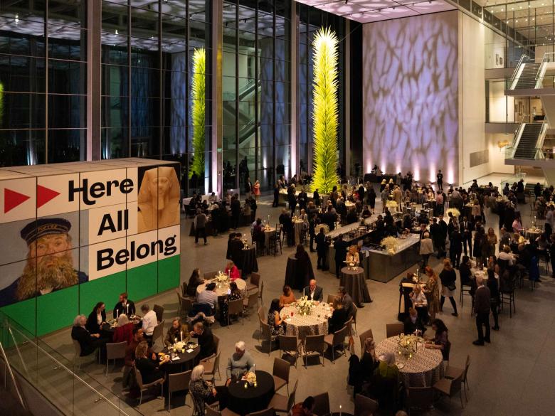 An aerial shot of a party in Shapiro Family Courtyard.