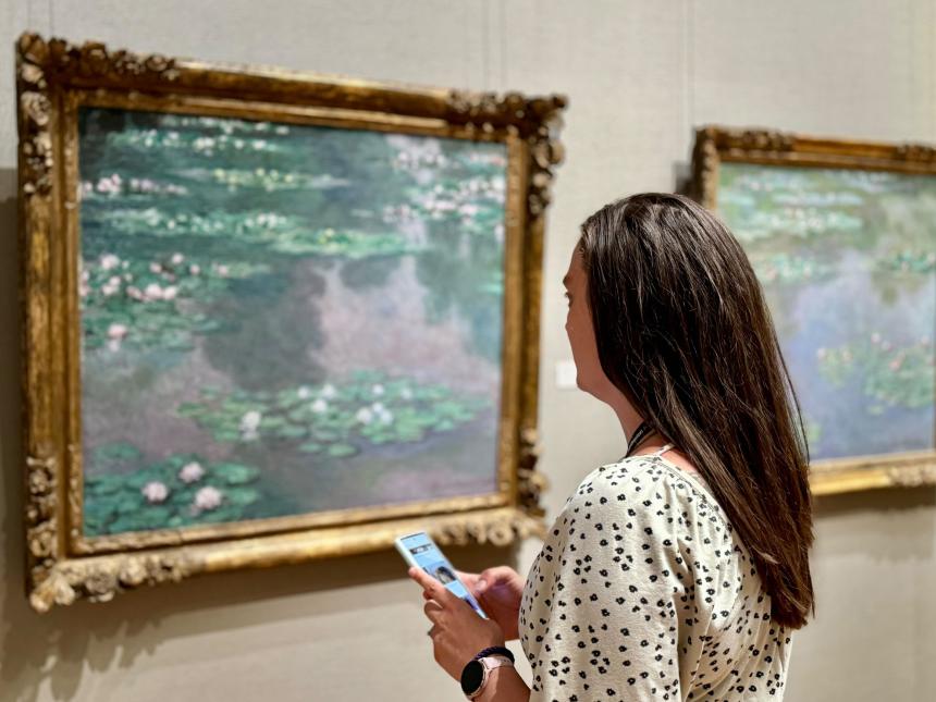 A visitor stands in front of Monet's Water Lilies and engages with their smartphone