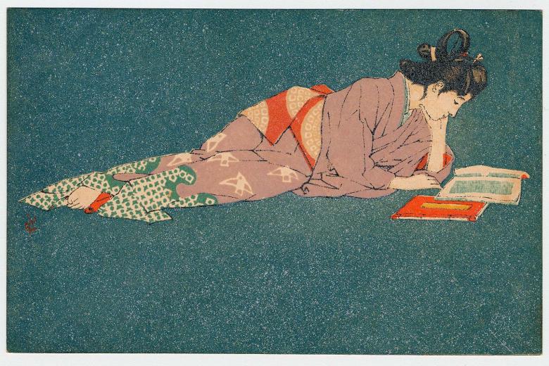 Ichijô Narumi (Japanese, 1877–1910), Postcard of Genroku Beauty 2, undated. Color lithograph; ink, color and metallic pigment on paper. Leonard A. Lauder Collection of Japanese Postcards.