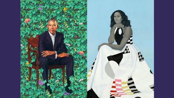 Left: President Barack Obama sits in a wooden chair in front of a wall covered with leaves and flowers. Right: First Lady Michelle Obama sits against a light blue background with her head resting on her hand.