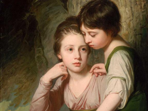 Detail of painting, Portrait of Two Girls (Misses Cumberland), by George Romney