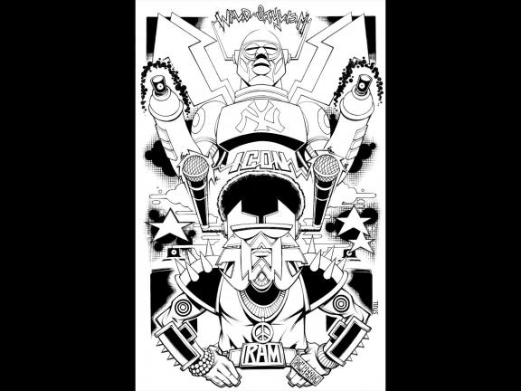 Black and white illustration of Rammellzee by Rob Stull