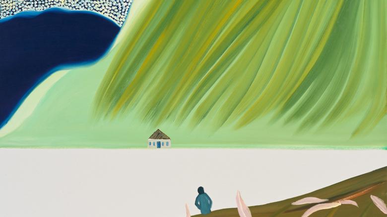 Matthew Wong, See you on the Other Side ​​​​​​​(detail), 2019: a small, dark figure sits on a hillside and stares off in the distance at a house in front of a large green mountain that scales upward and out of frame.