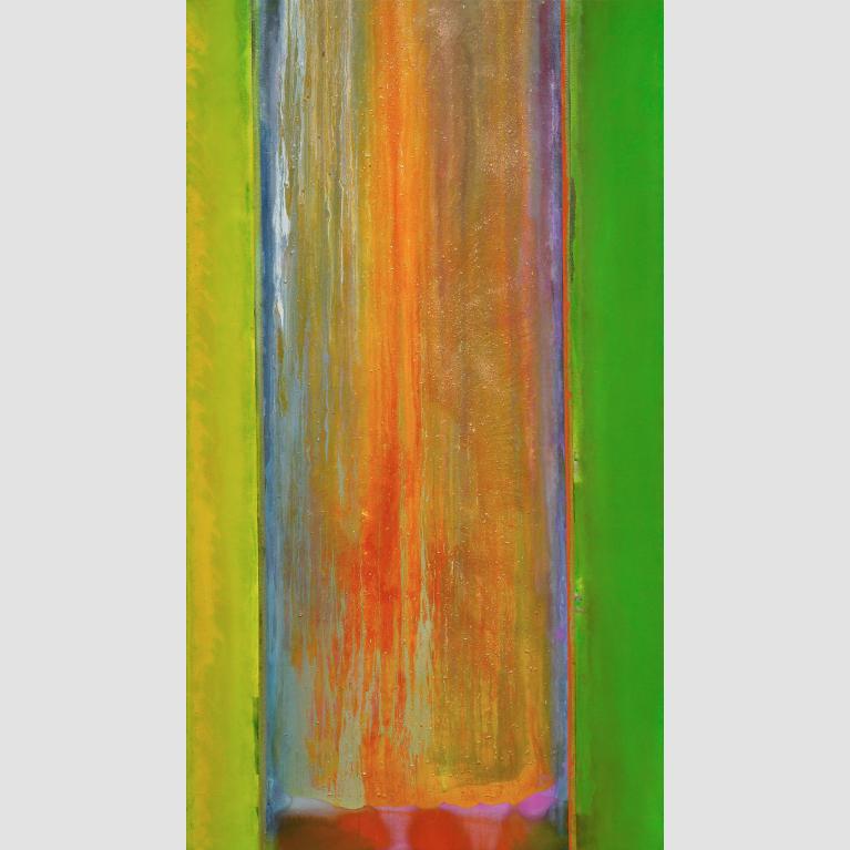 An abstract painting with yellow, orange, and green vertical panels with dripping paint.