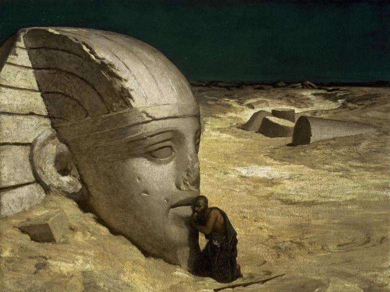 In a nighttime desert landscape, a shadowy figure kneels before the ruins of the Sphinx with his ear to the statue's mouth.