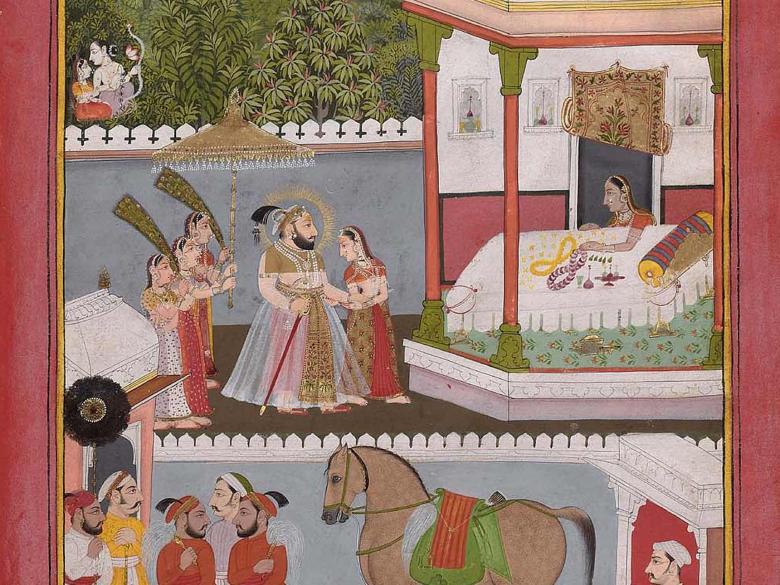  A man is led into a bedroom by a woman as several other woman follow him with fans.