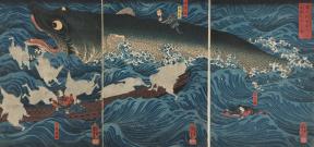 A triptych woodblock print of a large sea monster attacking a small boat with three passengers while about nine angel-like figurers try to help the passengers in crisis. 