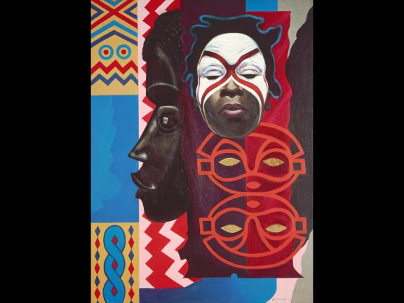 abstract painting of two portraits with bright colored background