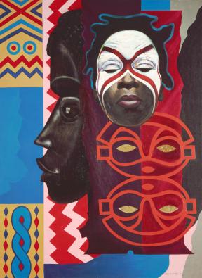 Painting of figure wearing mask, with African tribal sculpture behind it, and various patterns in the background