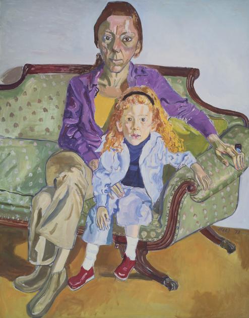 Painting depicting a woman and child sitting on a green couch.