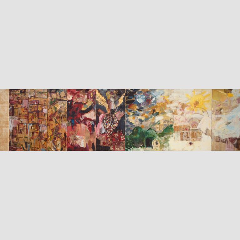 An eight-paneled collage featuring a snow-covered house with the sun shining overhead.