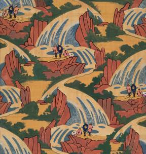 A watercolor painting of repeated cascading waterfalls and a repeated group of people viewing them.