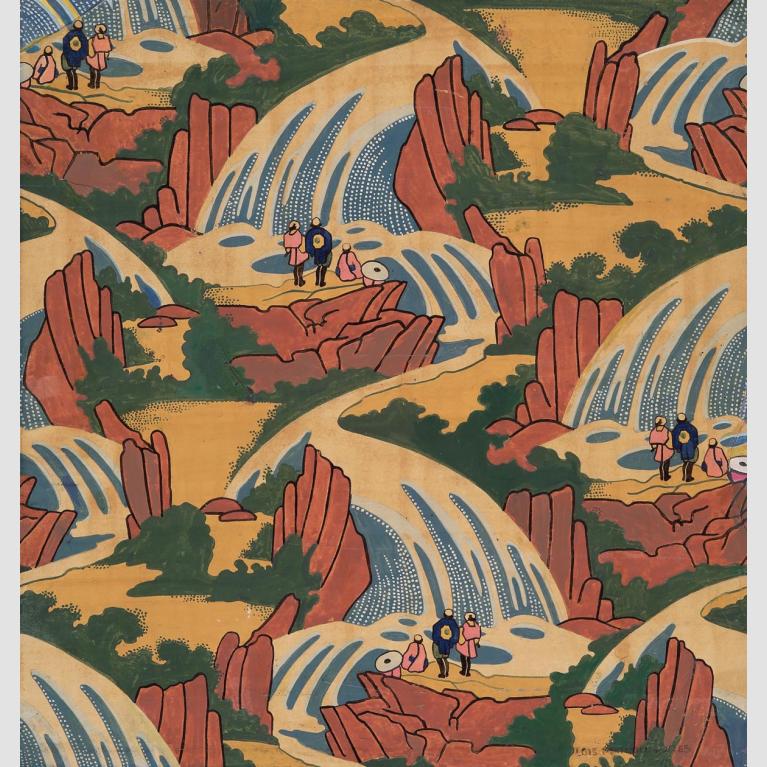 A watercolor painting of repeated cascading waterfalls and a repeated group of people viewing them.