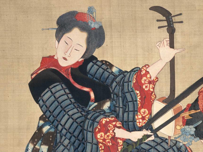 Detail of Japanese print depicting woman playing stringed musical instrument