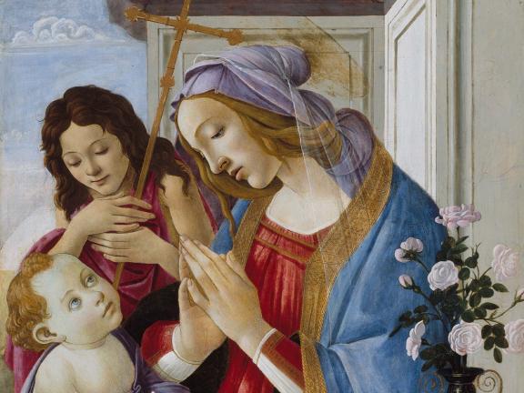 Detail of a painting depicting Mary looking down toward baby Jesus