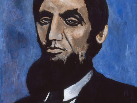 A painting of the bust of a hatless Abraham Lincoln against a blue background. 