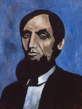 A painting of the bust of a hatless Abraham Lincoln against a blue background. 