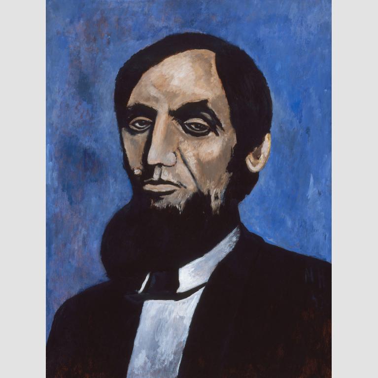 A painting of the bust of a hatless Abraham Lincoln against a blue background. 
