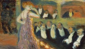 A painting of a woman singing and performing for a crowd.