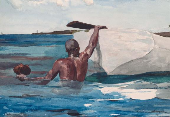 watercolor painting depicting man with his back to viewer, rising out of crystal blue waters and reaches into back of white dory