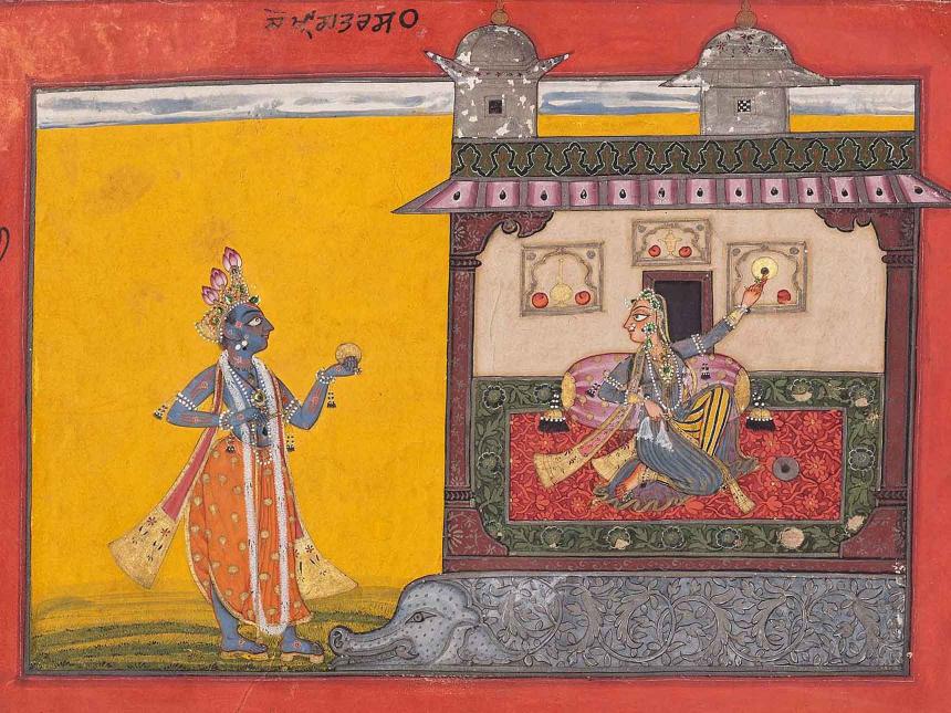Detail of Indian painting depicting male figure holding organge towards resting female figure in building