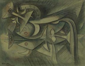 A painting of intertwining, cubist, imaginative sea creatures, flora, and a horeshoe. 