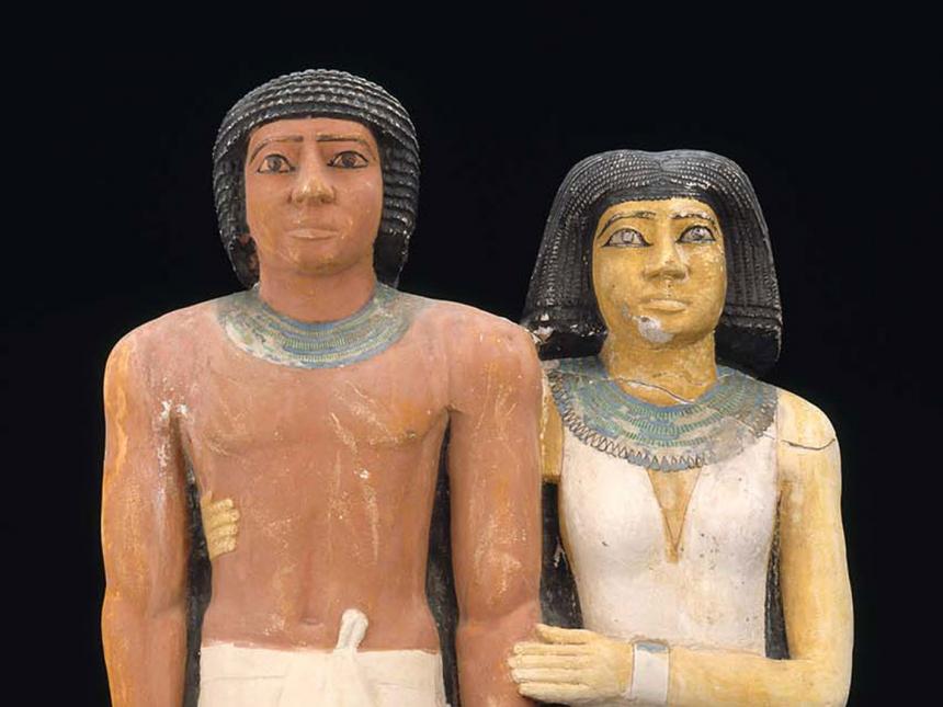 Detail of pair of Egyptian statues of Ptahkhenuwy and his wife