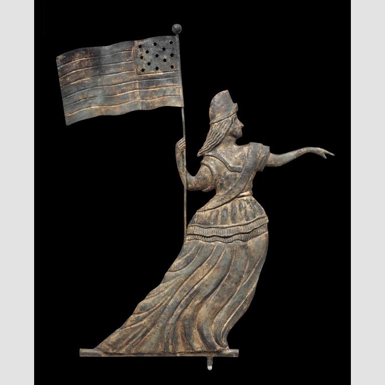 Goddess of Liberty weather vane made of copper with traces of gilding.