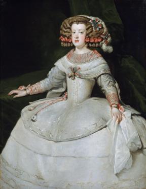 A painting of Maria Theresa, the daughter of Spain's King Philip IV, in a voluminous white dress and adorned hair. 