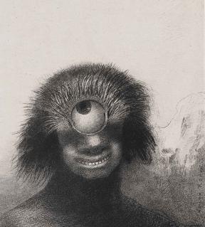 A drawing of a hairy, smiling humanoid creature with one large eye in the middle of its forehead instead of two smaller ones. 