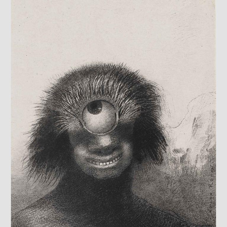 A drawing of a hairy, smiling humanoid creature with one large eye in the middle of its forehead instead of two smaller ones. 