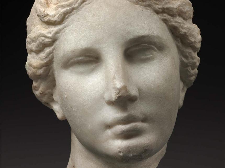 Detail of a bust depicting the head of Aphrodite