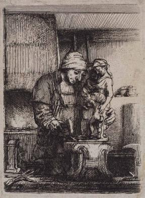 An etch of a goldsmith at work in his studio. 